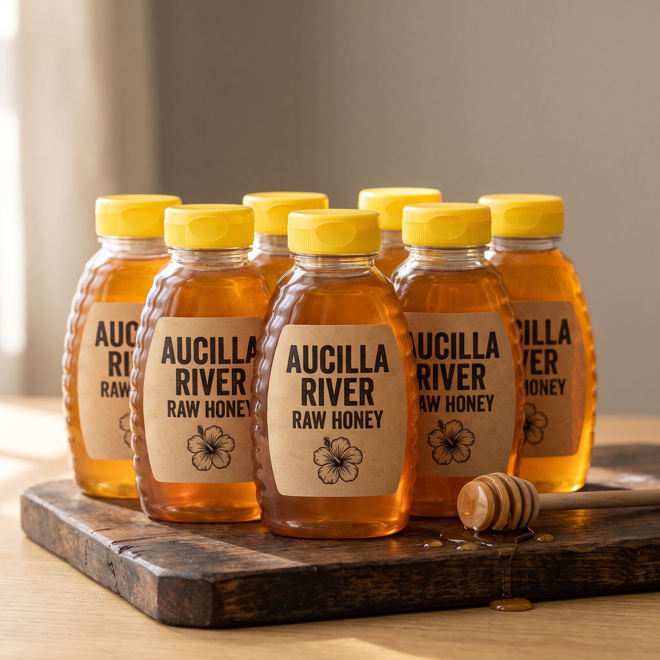 Six bottles of Aucilla River Raw Honey with a honey dipper on a wooden board